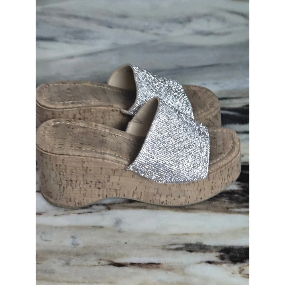 Madden Girl Zahara-R Silver Rhinestone Cork Platform Wedge Sandals‎ 8M